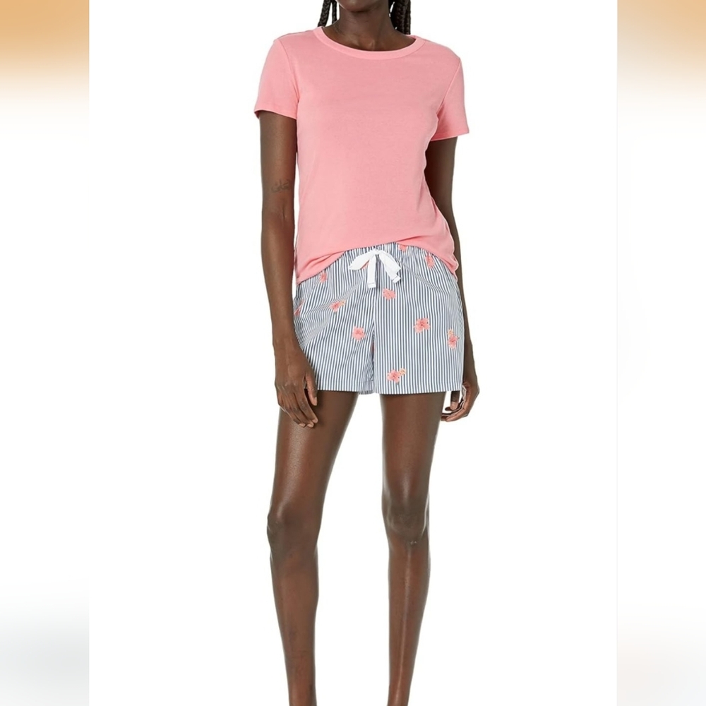 Amazon Essentials Pink Tee with Blue-White Striped Floral Drawstring Shorts